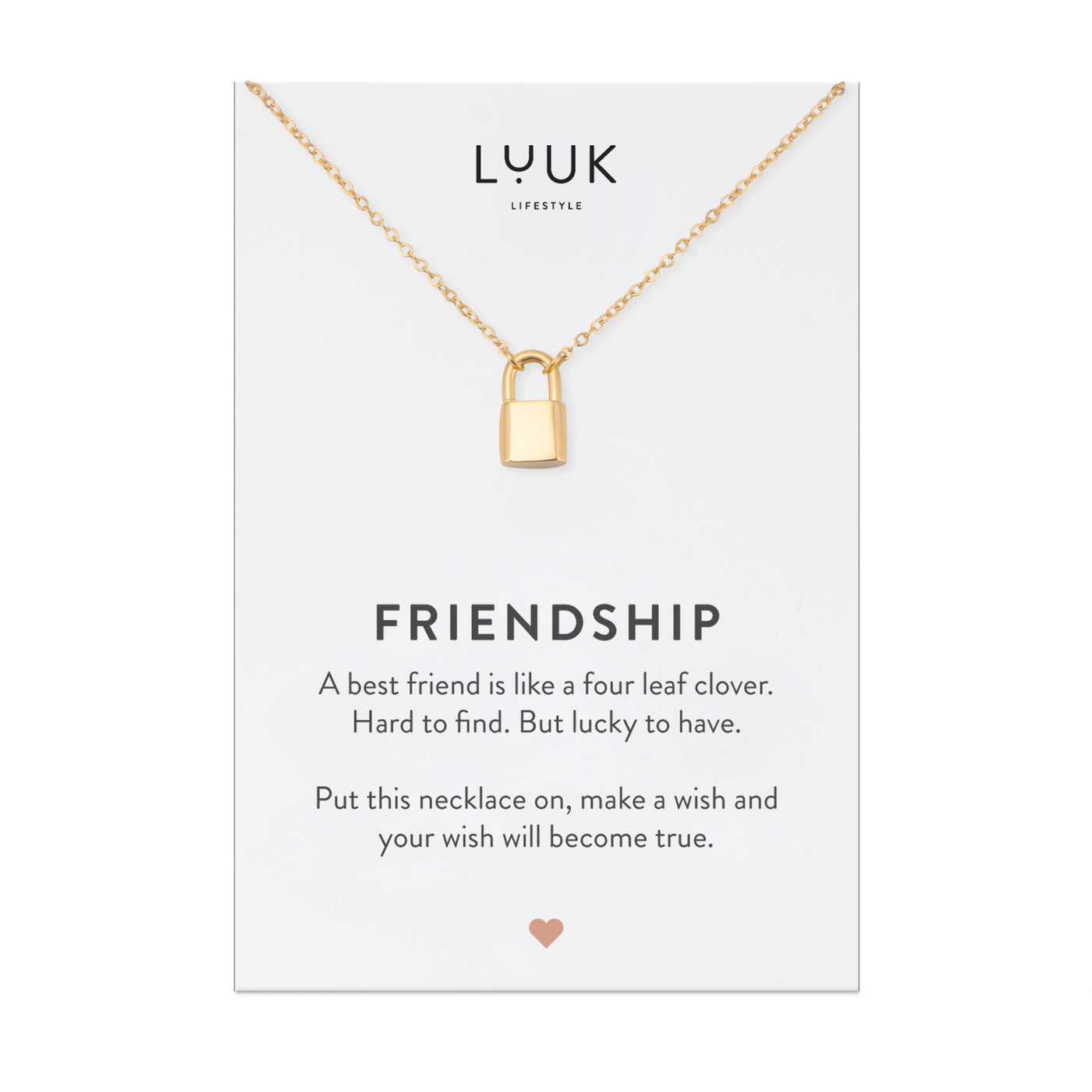 Goldene Halskette mit Vorhängeschloss Anhänger auf Friendship Karte von der Brand Luuk Lifestyle