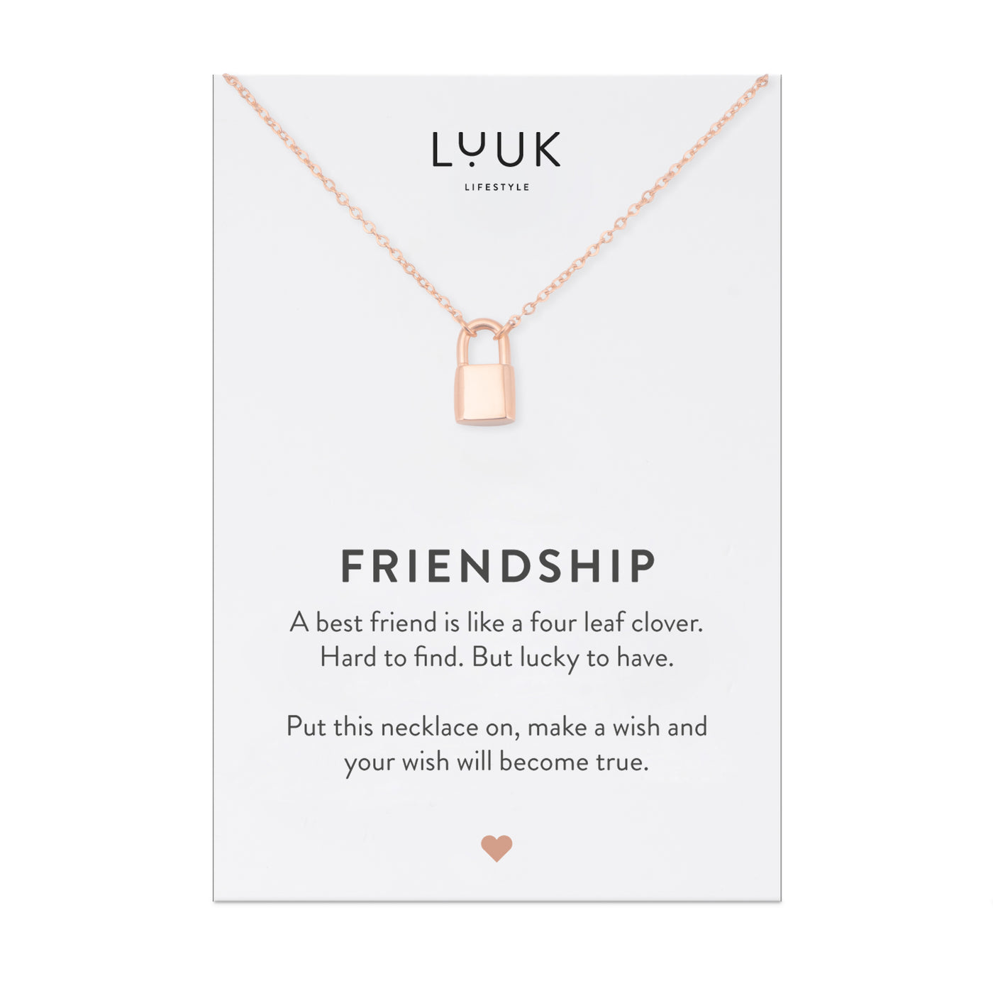 Rosegoldene Halskette mit Vorhängeschloss Anhänger auf Friendship Spruchkarte von der Brand Luuk Lifestyle