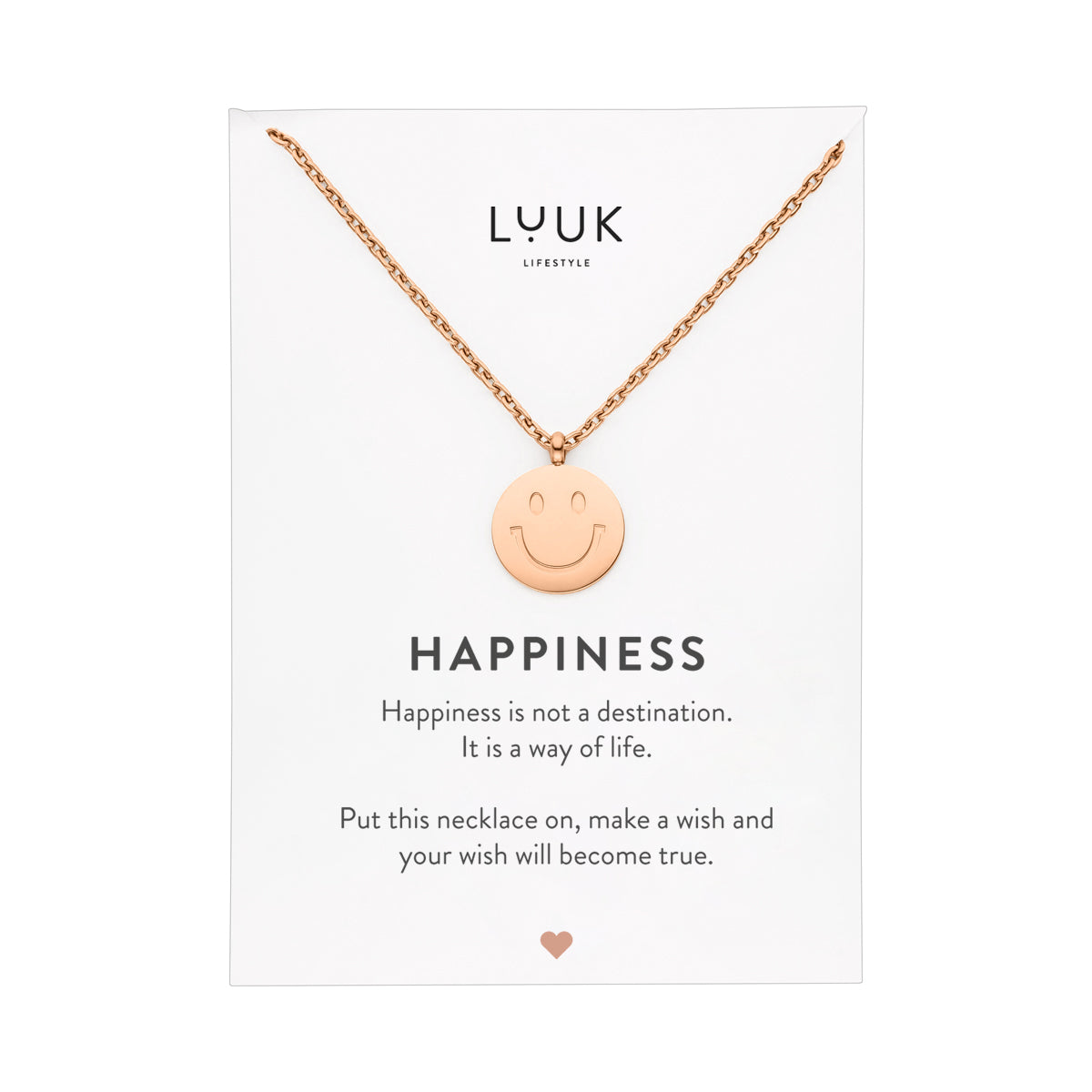 Rosegoldene Halskette mit Smiley Anhänger auf Happiness Karte von Luuk Lifestyle.