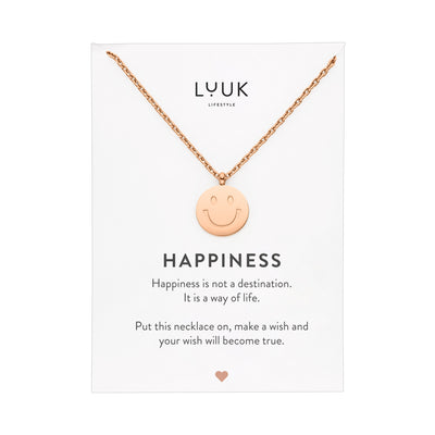 Rosegoldene Halskette mit Smiley Anhänger auf Happiness Karte von Luuk Lifestyle.