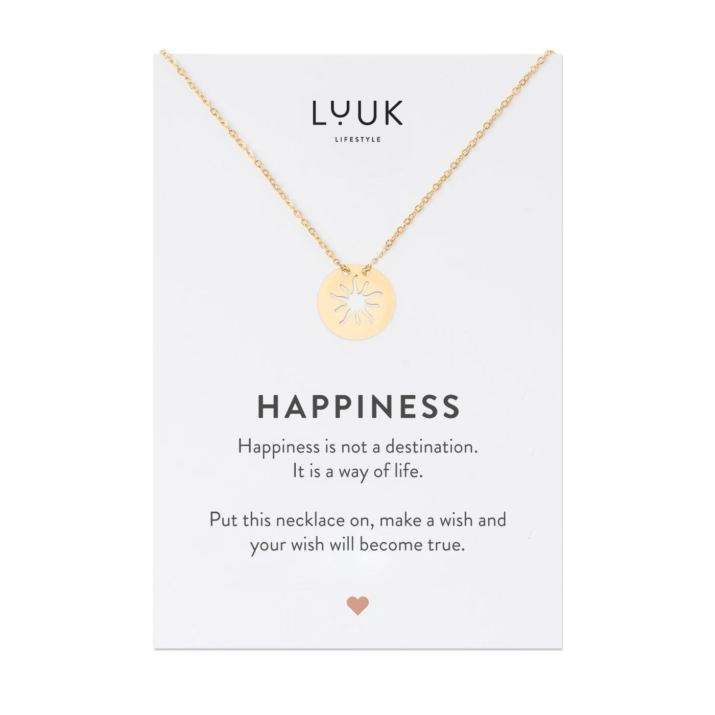 Goldene Halskette mit Sonnen Anhänger auf Happiness Spruchkarte von der Brand Luuk Lifestyle 