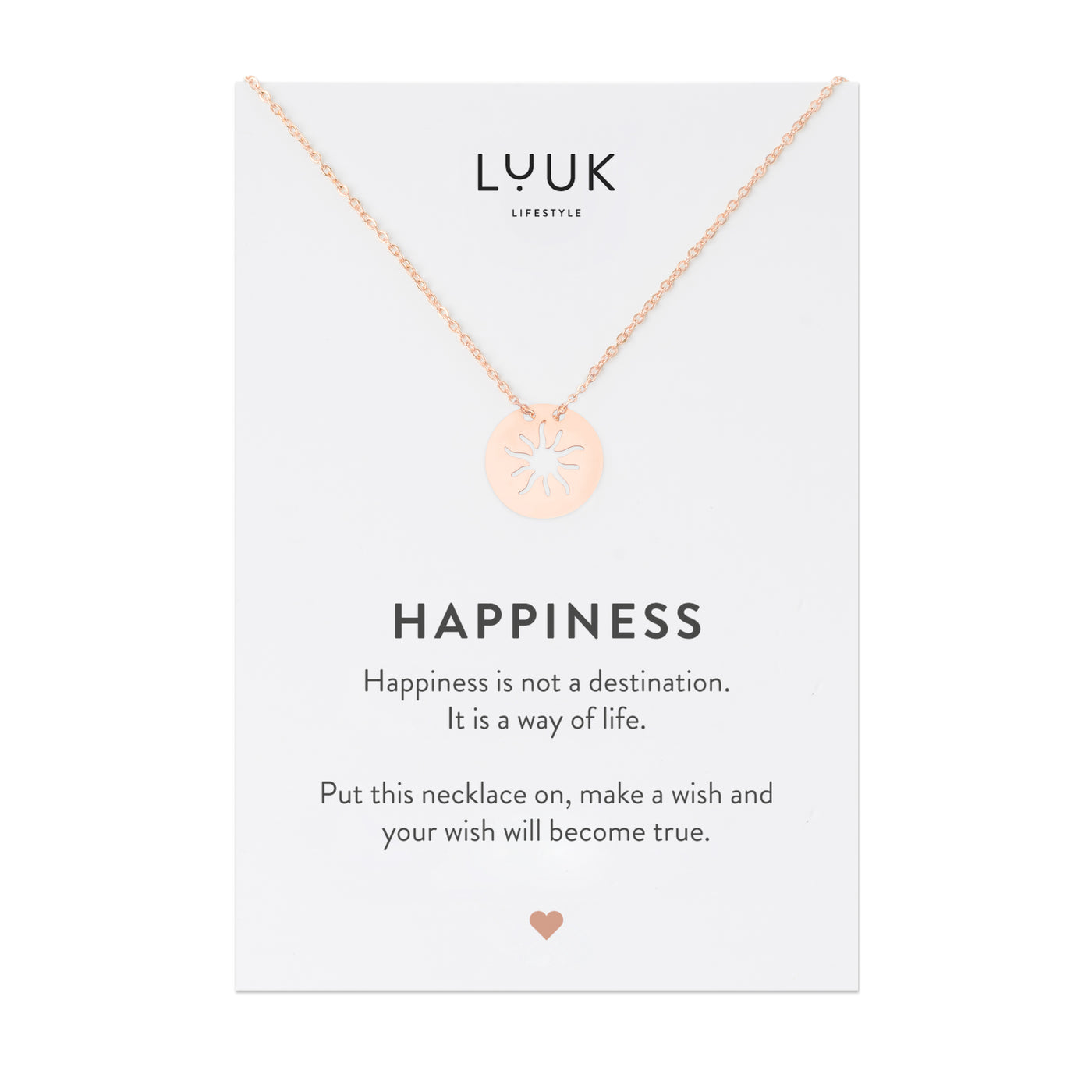 Rosegoldene Halskette mit Sonnen Anhänger auf Happiness Spruchkarte von Luuk Lifestyle 