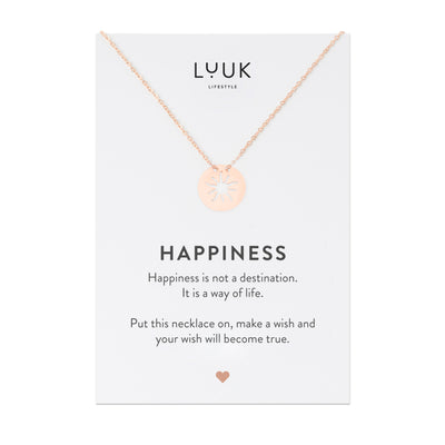 Rosegoldene Halskette mit Sonnen Anhänger auf Happiness Spruchkarte von Luuk Lifestyle 