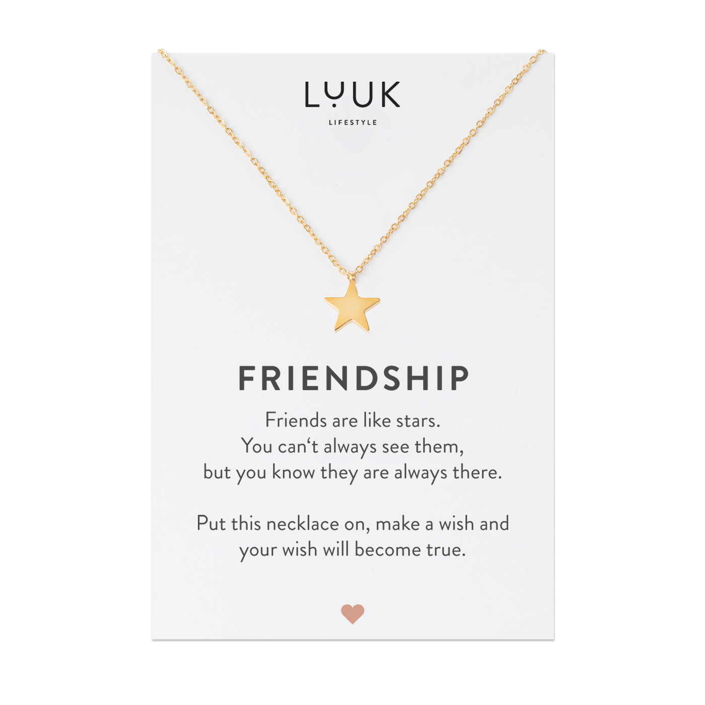 Rosegoldene Halskette mit Stern Anhänger auf Friendship Spruchkarte von Luuk Lifestyle 
