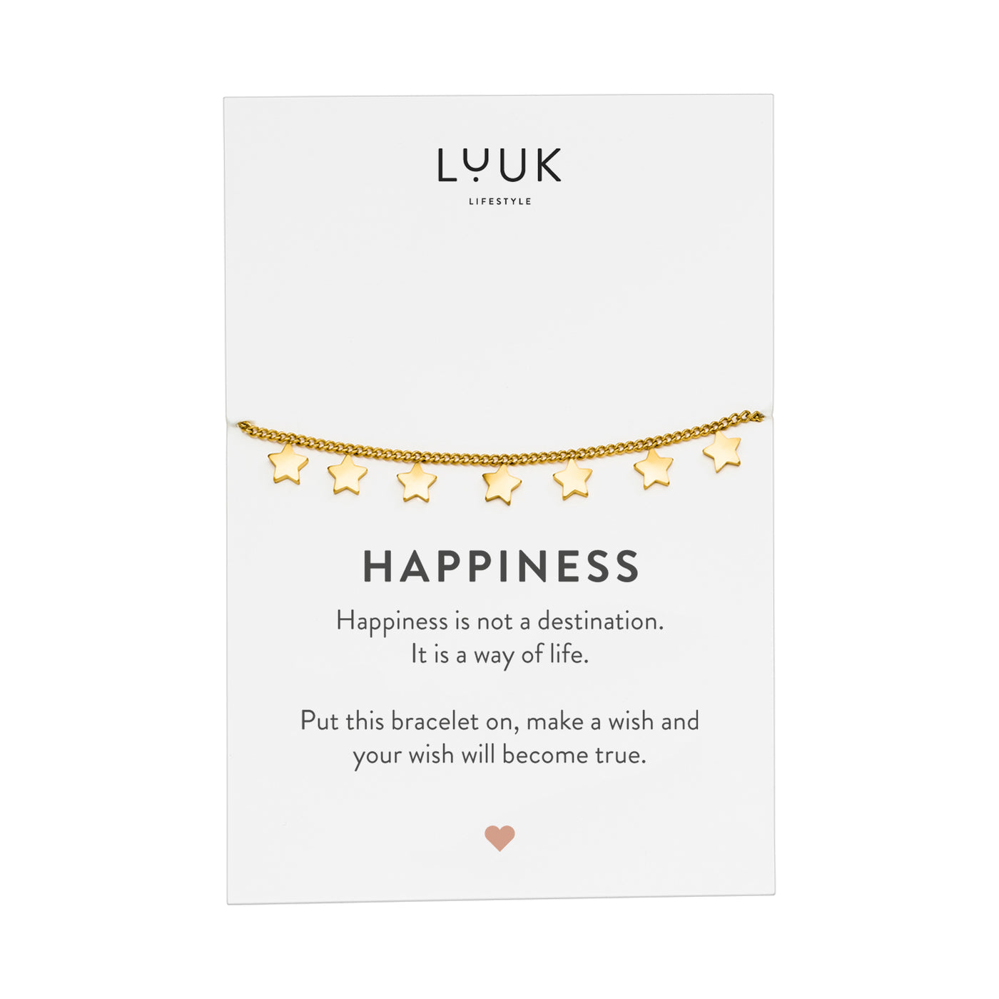 Goldenes Armband mit Stern Anhängern auf Happiness Spruchkarte von der Brand Luuk Lifestyle 