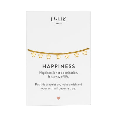 Goldenes Armband mit Stern Anhängern auf Happiness Spruchkarte von der Brand Luuk Lifestyle 