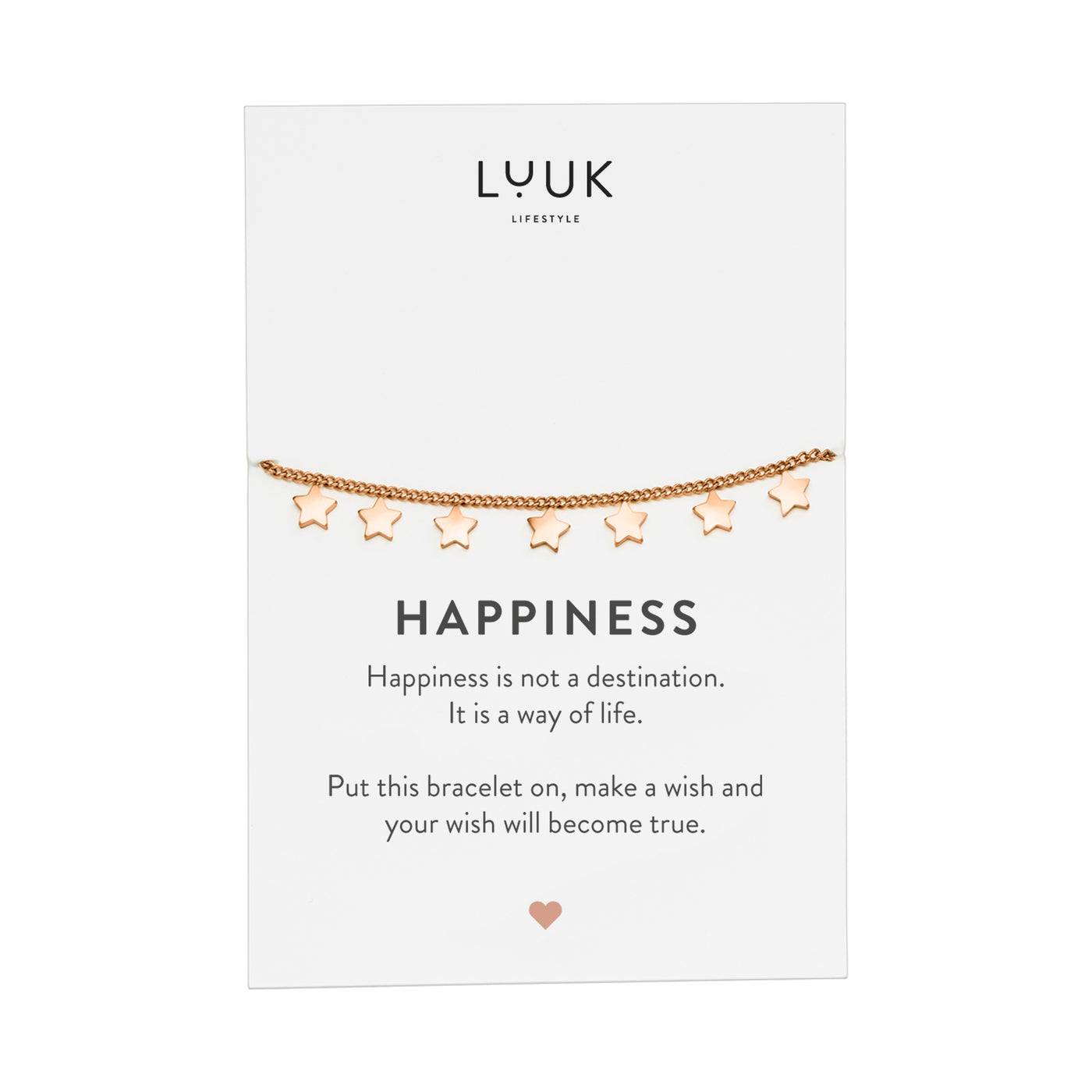 Rosegoldenes Armband mit Stern Anhängern auf Happiness Spruchkarte von Luuk Lifestyle 