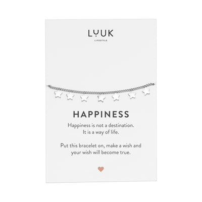 Silbernes Armband mit kleinen Stern Anhängern auf Happiness Spruchkarte von der Marke Luuk Lifestyle 