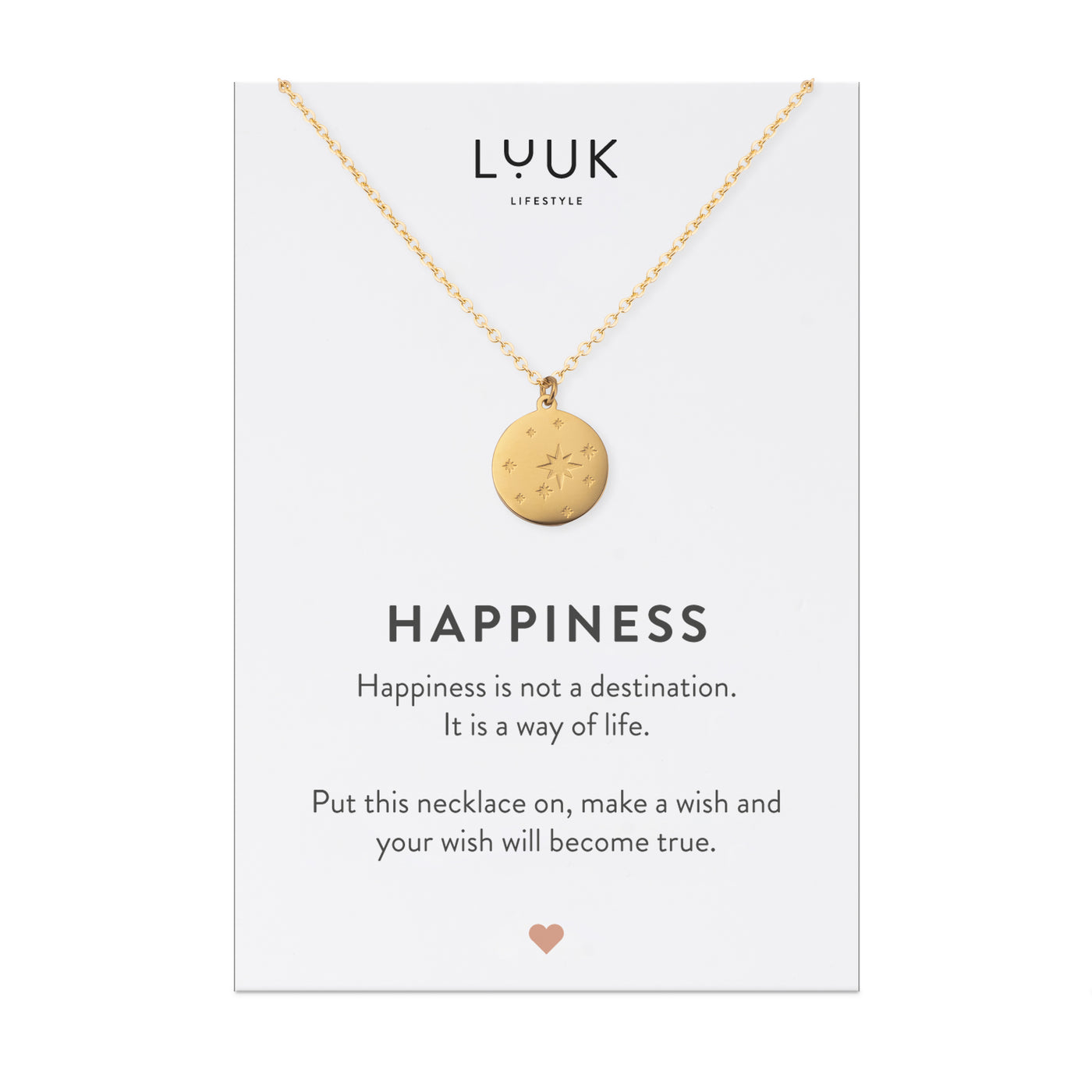 Goldene Halskette mit Sternenhimmel Anhänger auf Happiness Karte von der Brand Luuk Lifestyle.