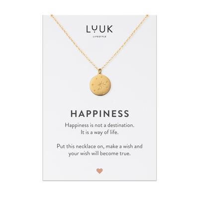 Goldene Halskette mit Sternenhimmel Anhänger auf Happiness Karte von der Brand Luuk Lifestyle.