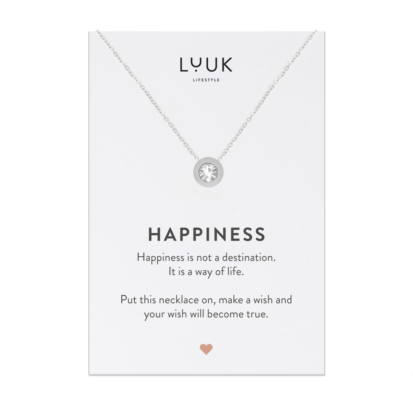 Silberne Halskette mit Strassstein Anhänger auf Happiness Spruchkarte von der Marke Luuk Lifestyle