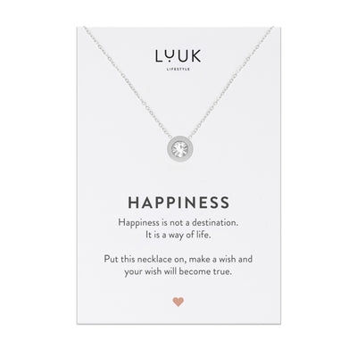 Necklace with rhinestone pendant and Happiness greeting card
