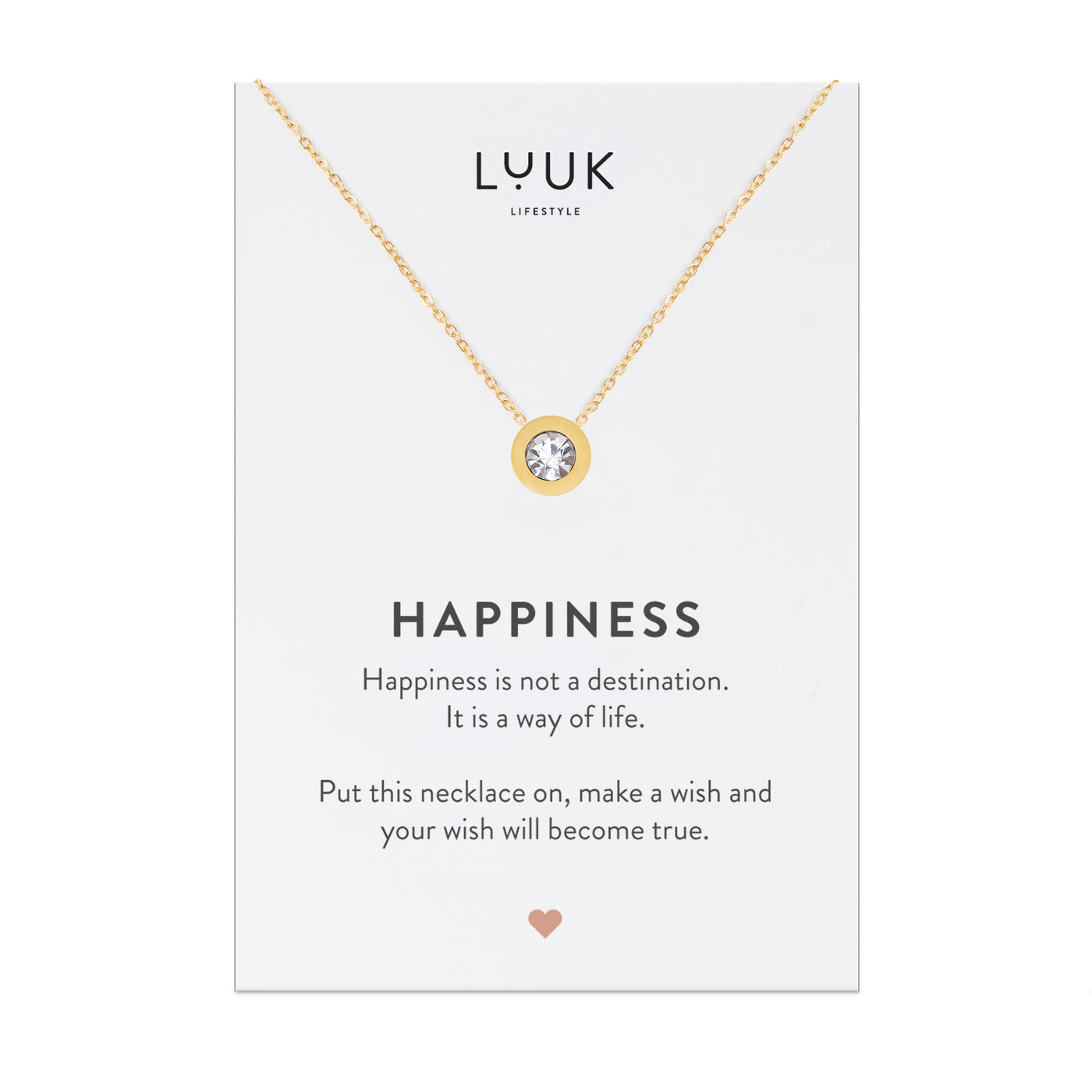 Goldene Halskette mit Strassstein Anhänger auf Happiness Spruchkarte von der Brand Luuk Lifestyle 