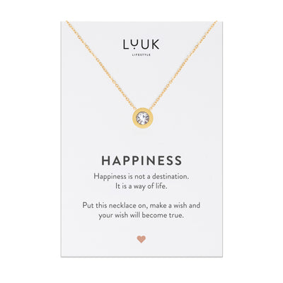 Goldene Halskette mit Strassstein Anhänger auf Happiness Spruchkarte von der Brand Luuk Lifestyle 