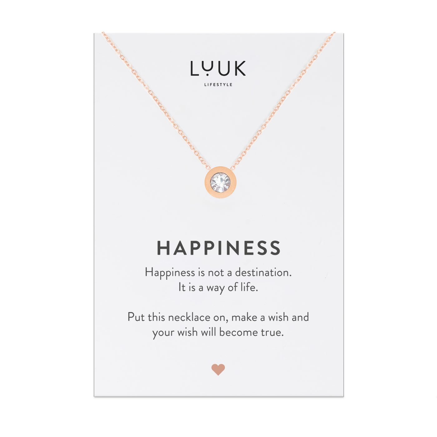 Rosegoldene Halskette mit Strassstein Anhänger auf Happiness Spruchkarte von der Marke Luuk Lifestyle 