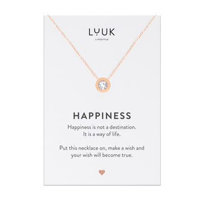 Rosegoldene Halskette mit Strassstein Anhänger auf Happiness Spruchkarte von der Marke Luuk Lifestyle 