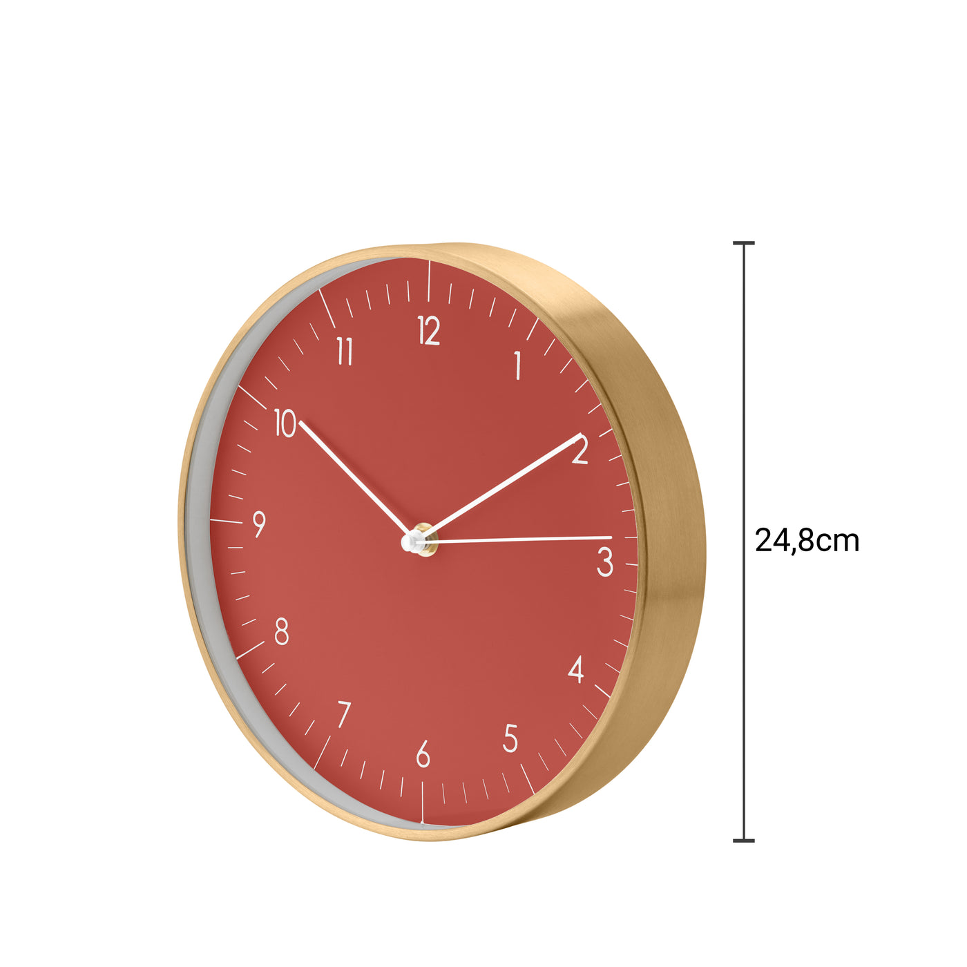 Die rote Wanduhr mit goldenem Aluminiumrand hat eine größe von 24,8cm 