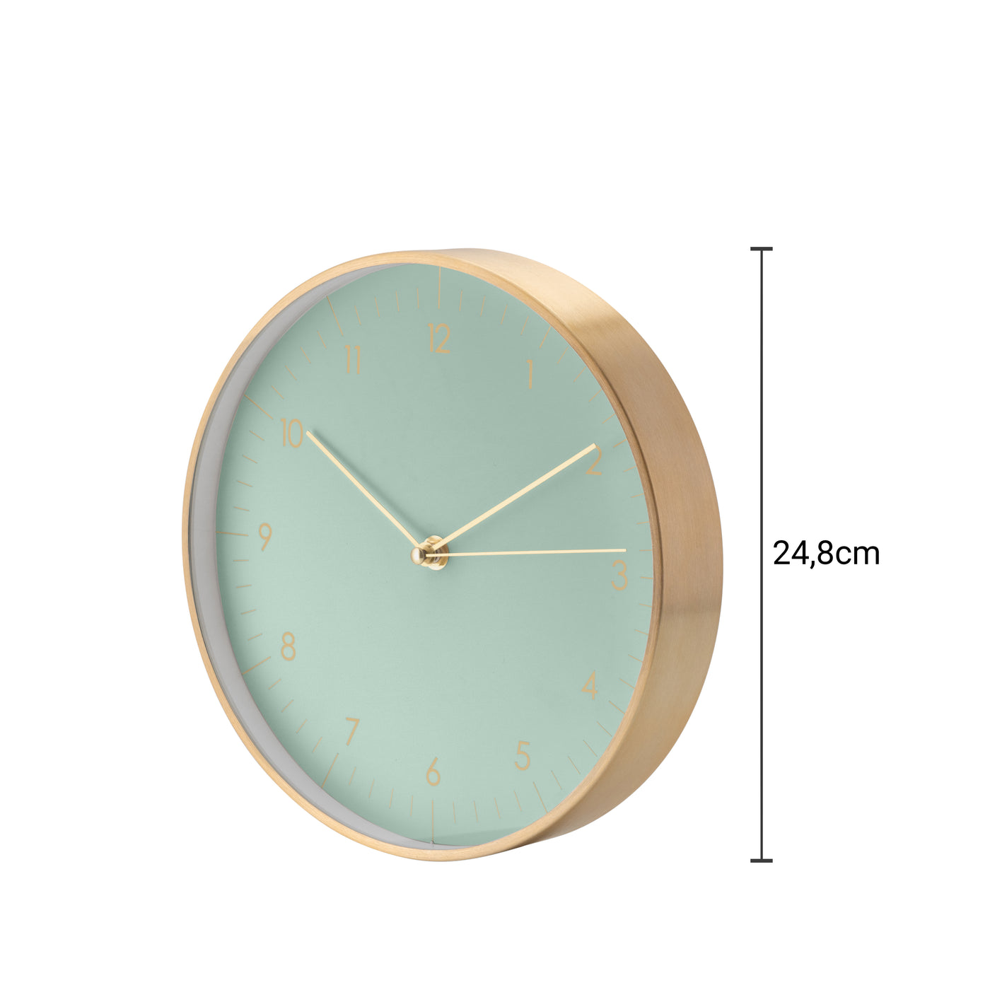 Moderne Mint grüne Wanduhr mit Goldenem Gestell ist 24,8cm groß