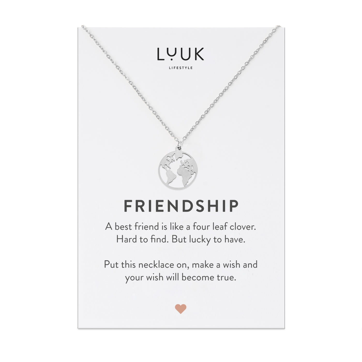 Halskette mit Weltkarten Anhänger aus Edelstahl in Silber auf Happiness Spruchkarte von Luuk Lifestyle