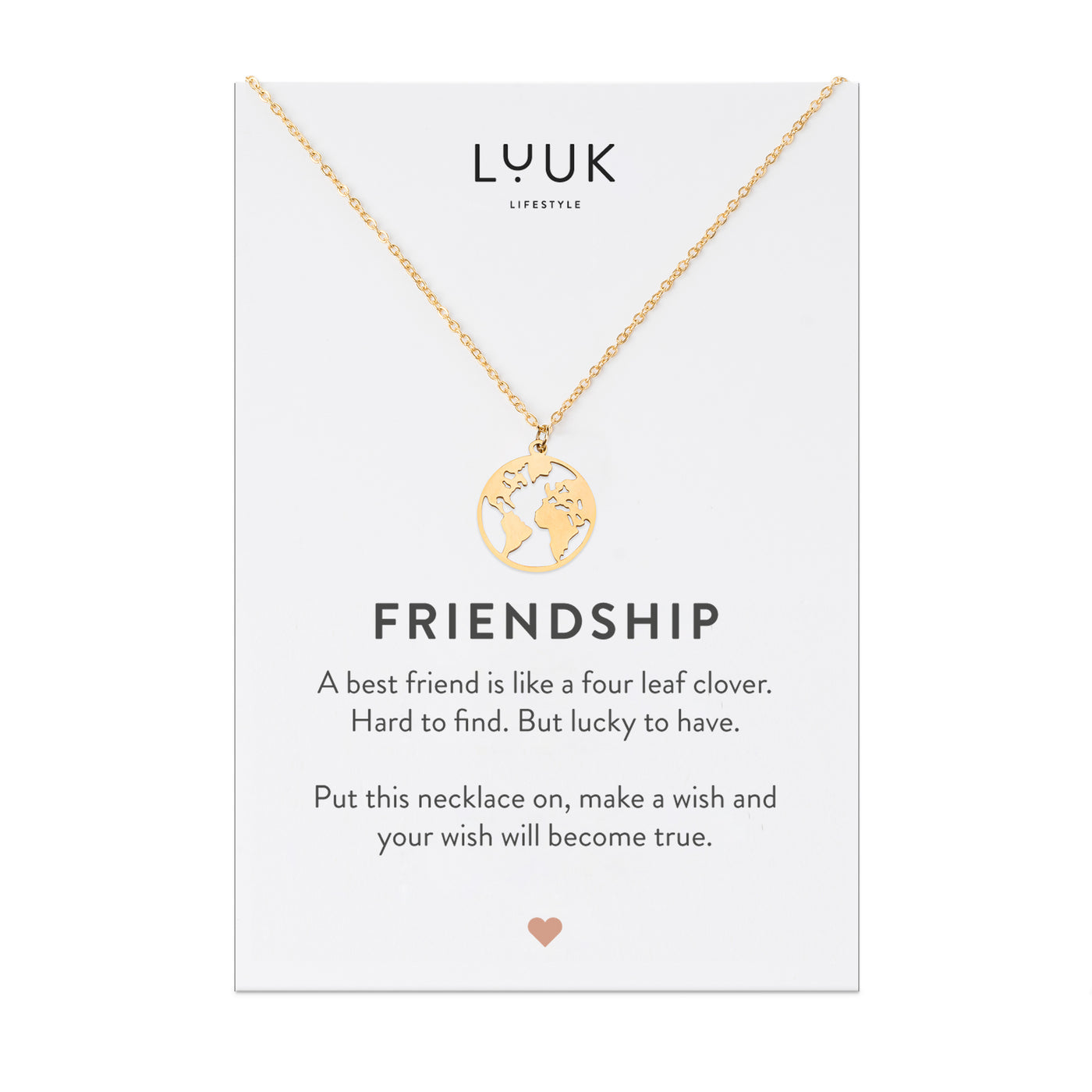 Gold Kette mit Weltkarten Anhänger aus Edelstahl in Silber auf Happiness Spruchkarte von der Marke Luuk Lifestyle