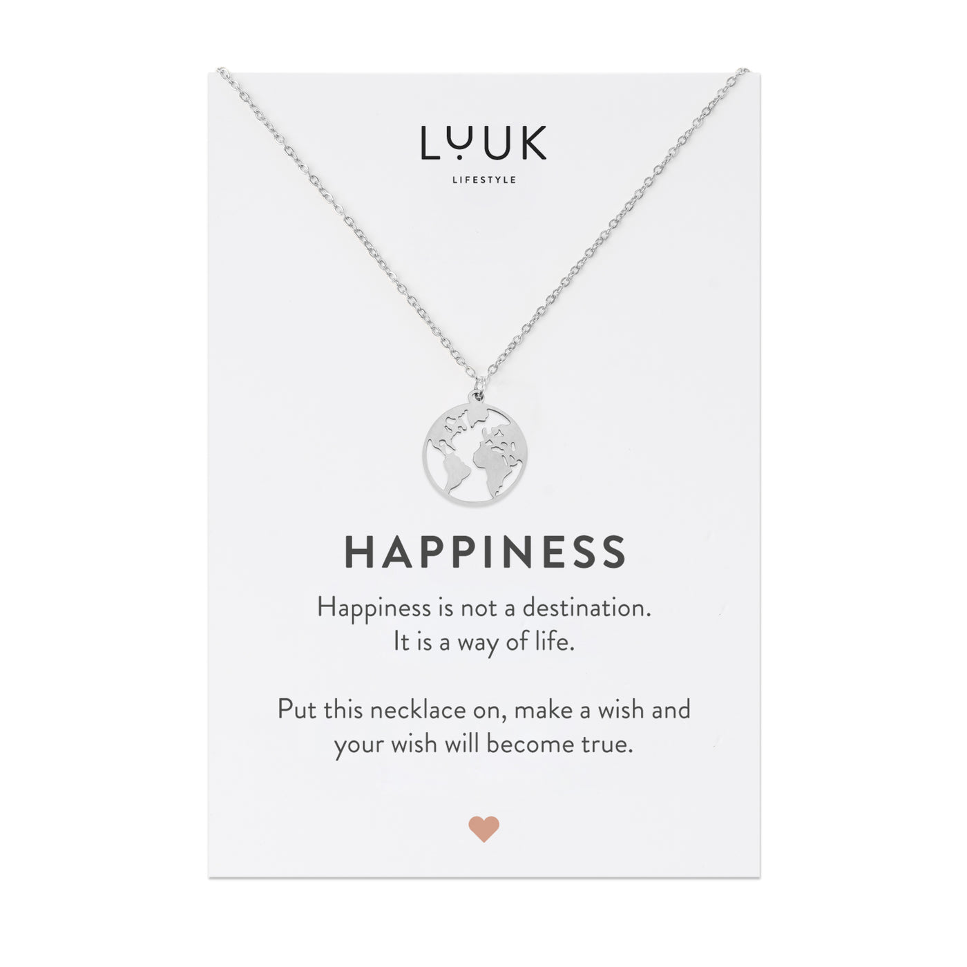 Halskette mit Weltkarten Anhänger aus Edelstahl in Silber auf Happiness Spruchkarte von Luuk Lifestyle
