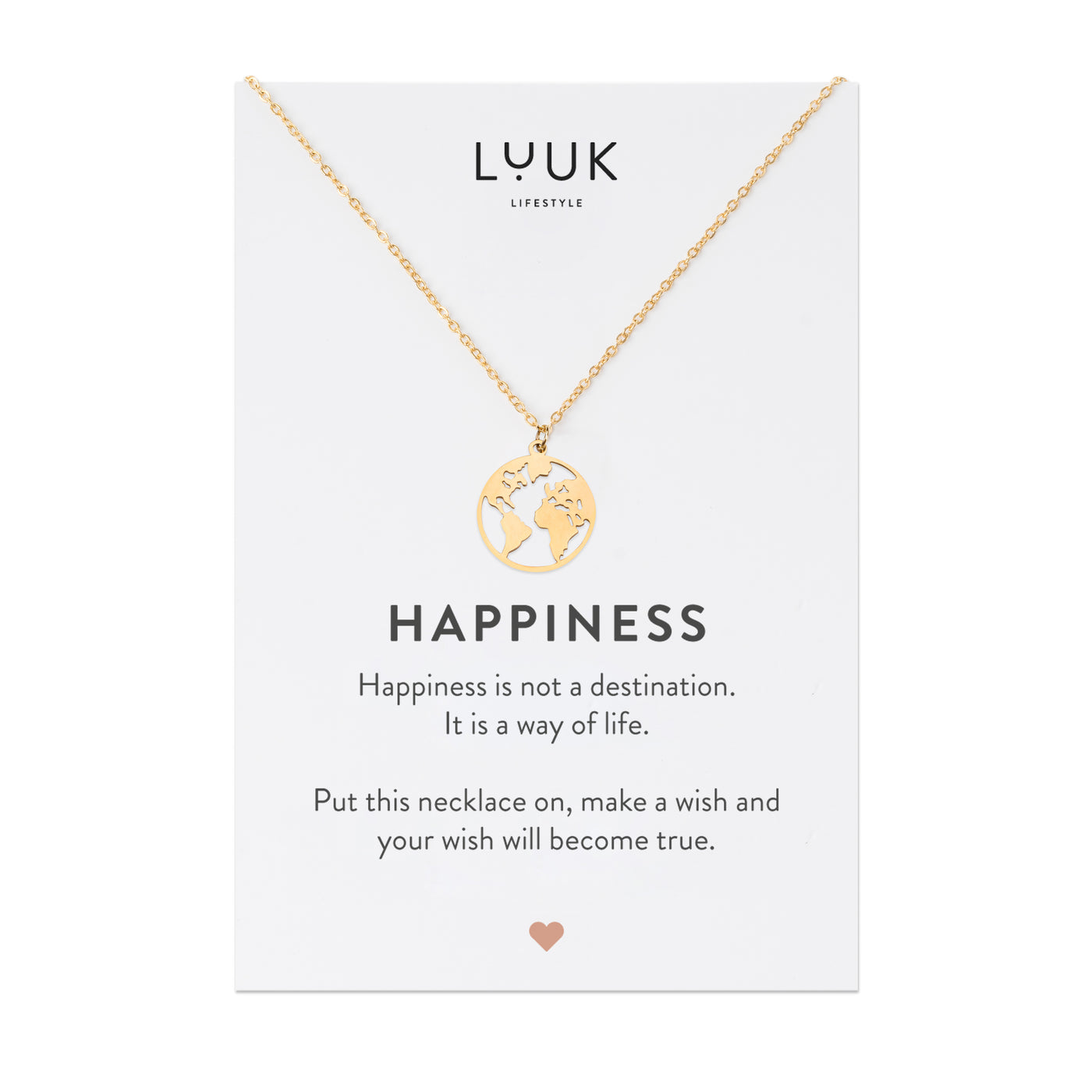 Gold Kette mit Weltkarten Anhänger aus Edelstahl in Silber auf Happiness Spruchkarte von der Marke Luuk Lifestyle