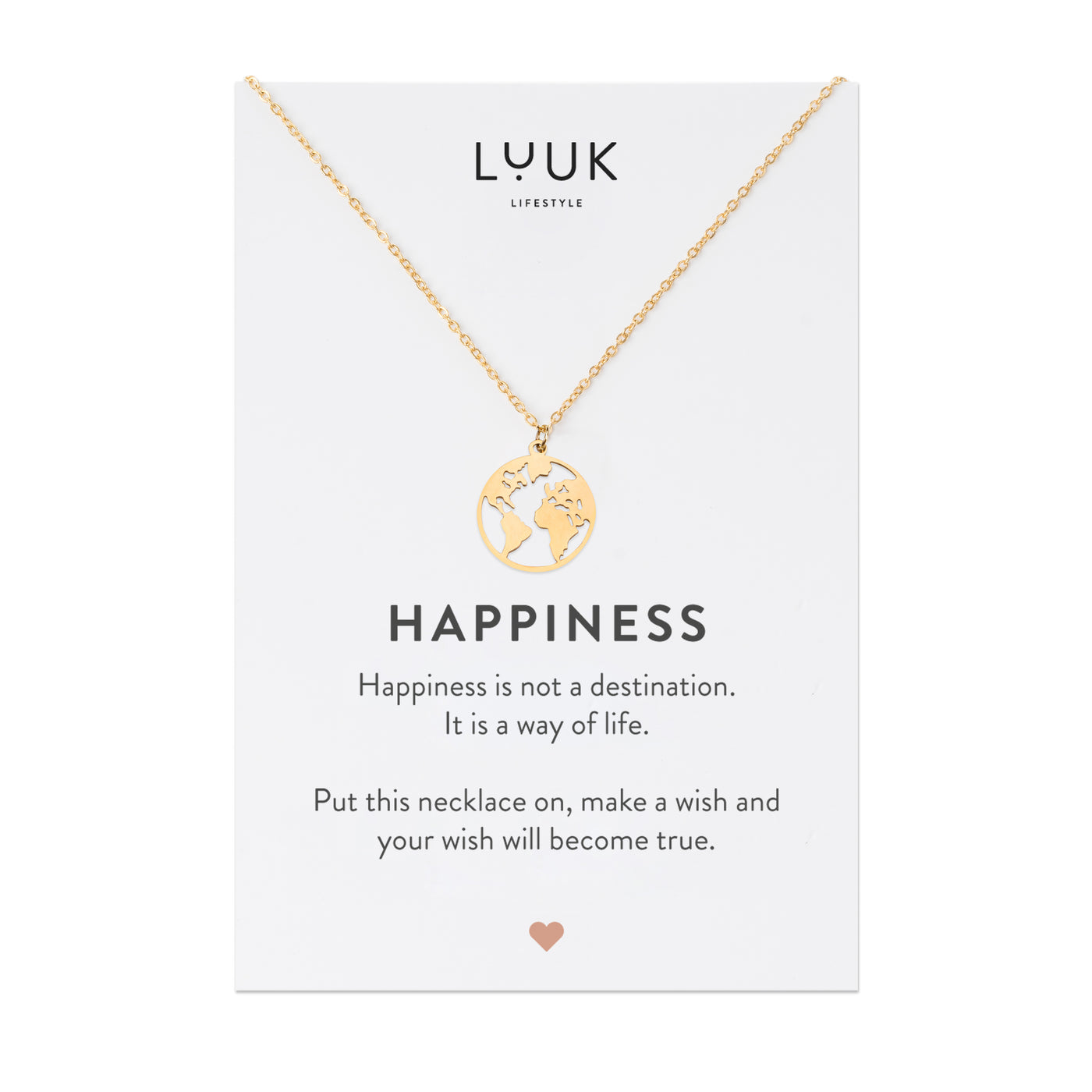 Gold Kette mit Weltkarten Anhänger aus Edelstahl in Silber auf Happiness Spruchkarte von der Marke Luuk Lifestyle