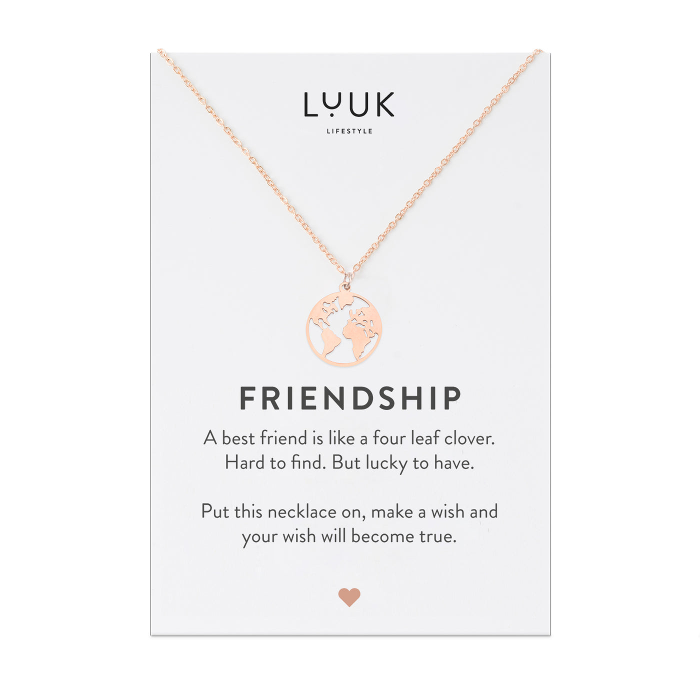 Halskette mit Weltkarten Anhänger in Roségold auf Happiness Spruchkarte von Luuk Lifestyle 