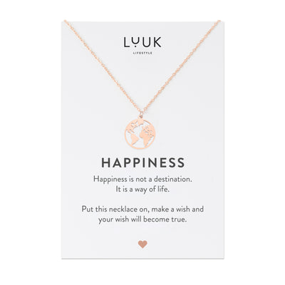 Necklace with World I Globe pendant and Happiness greeting card