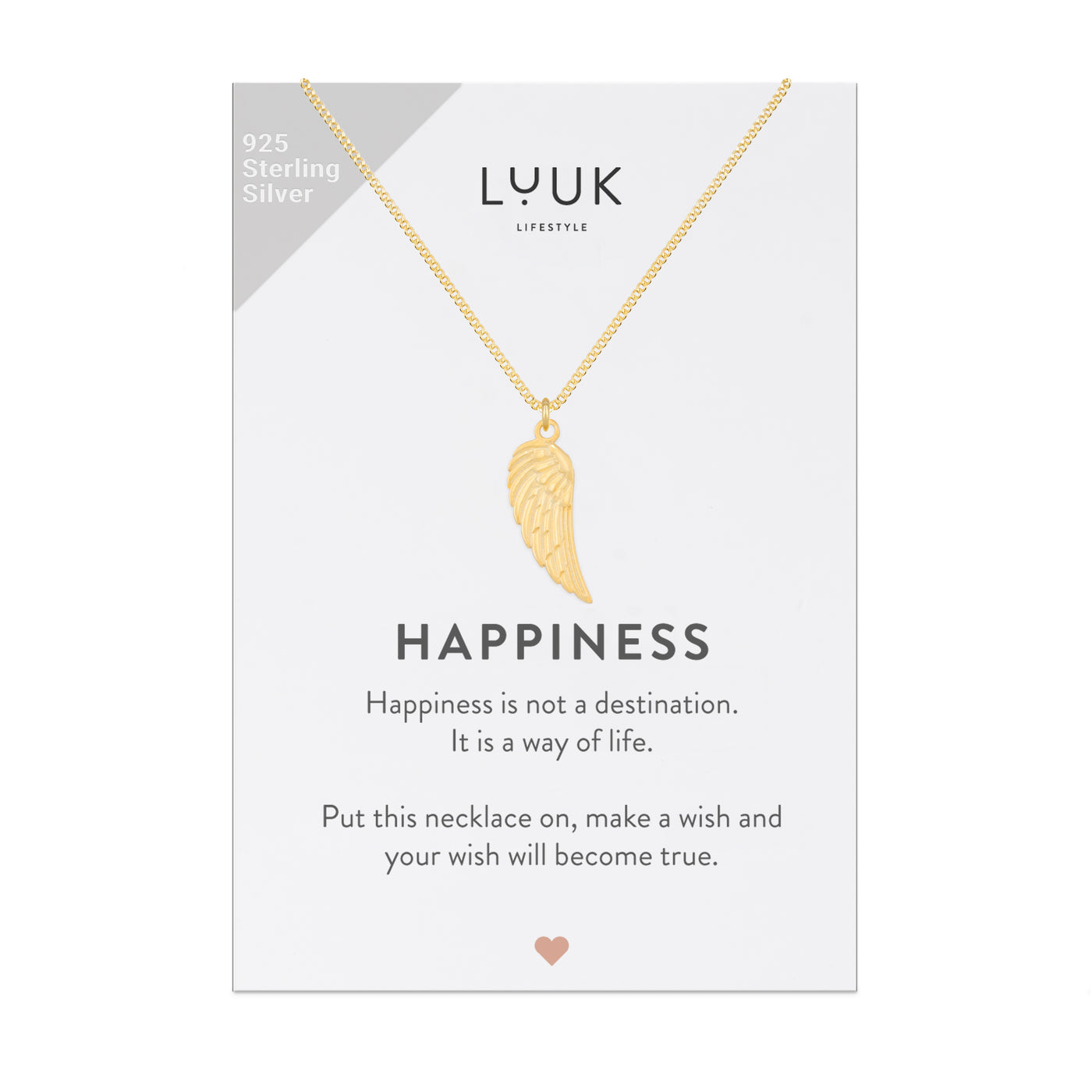 Vergoldete Halskette mit Engelsflügel Anhänger auf motivierender Happiness Spruchkarte von der Marke Luuk Lifestyle 