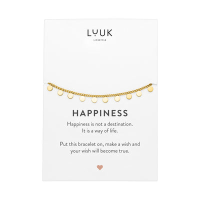 Vergoldetes Coin Anhänger Armband auf motivierender Happiness Spruchkarte von der Marke Luuk Lifestyle