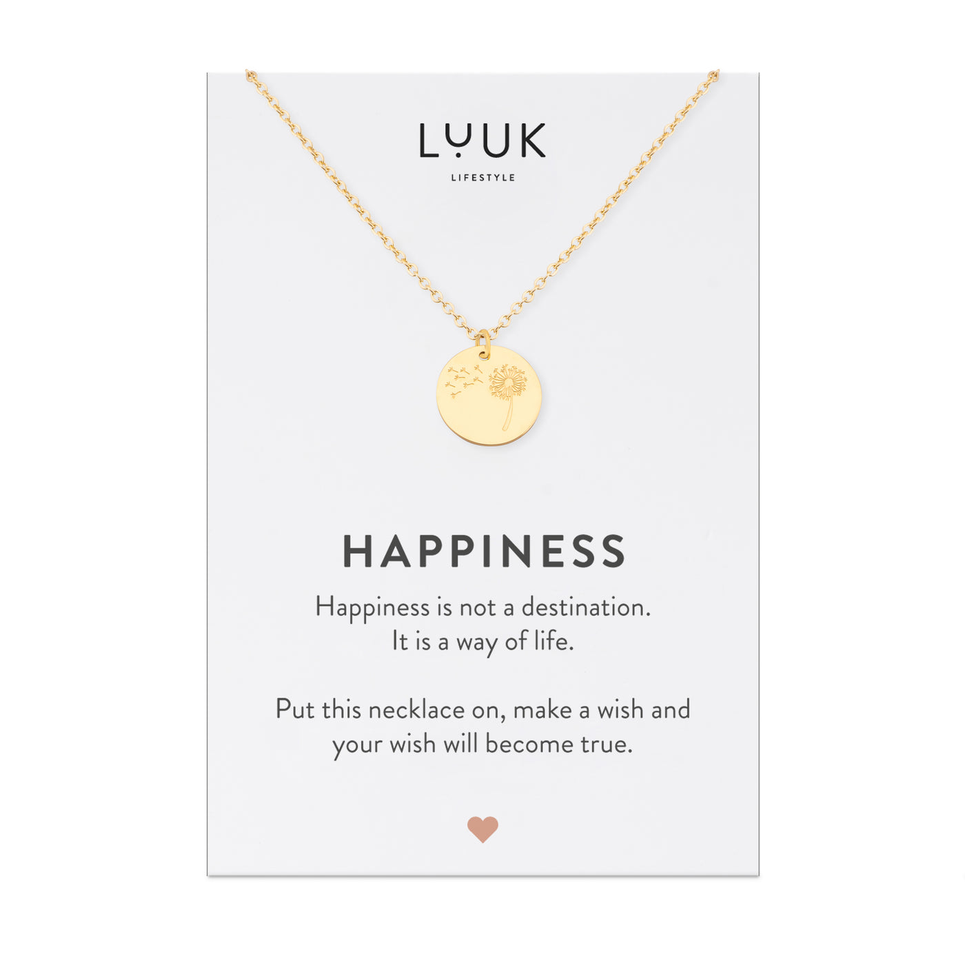 Gold Kette mit Pusteblumen Anhänger aus Edelstahl auf Happiness Spruchkarte von der Brand Luuk Lifestyle