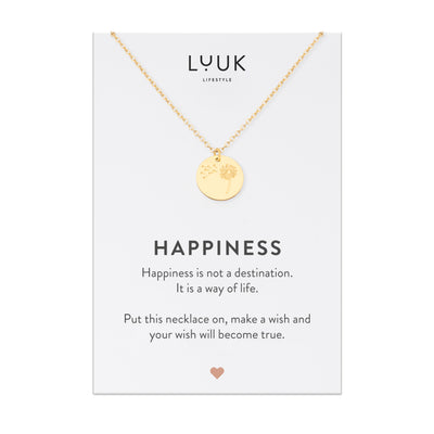 Gold Kette mit Pusteblumen Anhänger aus Edelstahl auf Happiness Spruchkarte von der Brand Luuk Lifestyle