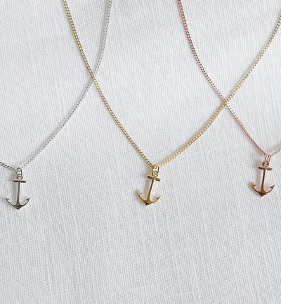 Sterling silver necklace with anchor pendant and Happiness greeting card